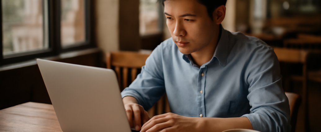 Seorang pemula membaca berita ekonomi global di laptop sambil mencatat istilah di buku