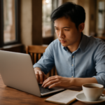 Seorang pemula membaca berita ekonomi global di laptop sambil mencatat istilah di buku