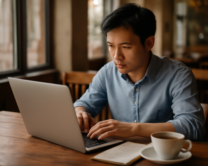 Seorang pemula membaca berita ekonomi global di laptop sambil mencatat istilah di buku