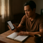Seorang pembaca memeriksa kabar internasional di ponsel sambil mencatat tanggal peristiwa penting
