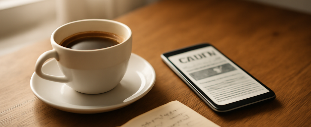 Secangkir kopi dan ponsel dengan aplikasi berita di atas meja kayu, suasana pagi untuk membaca berita internasional
