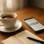 Secangkir kopi dan ponsel dengan aplikasi berita di atas meja kayu, suasana pagi untuk membaca berita internasional