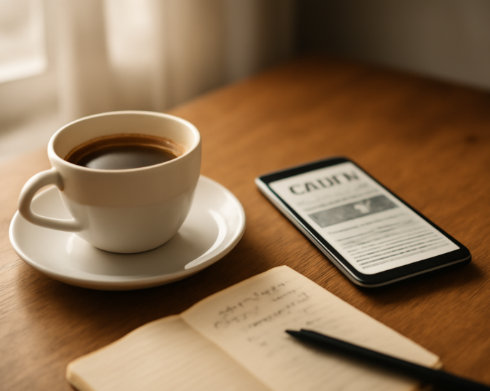 Secangkir kopi dan ponsel dengan aplikasi berita di atas meja kayu, suasana pagi untuk membaca berita internasional