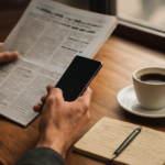 Seseorang memeriksa artikel berita berbahasa Arab di ponsel sambil mencatat nama media di buku catatan