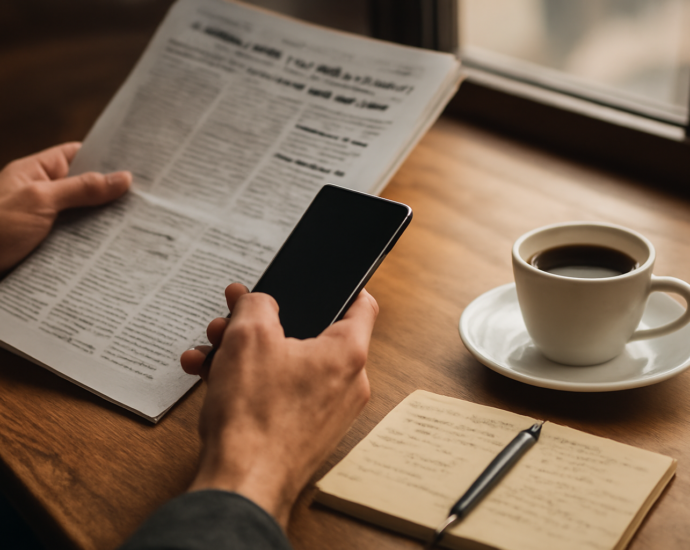 Seseorang memeriksa artikel berita berbahasa Arab di ponsel sambil mencatat nama media di buku catatan