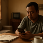 Seseorang membaca berita internasional lewat ponsel di meja kayu dengan koran terlipat di sampingnya