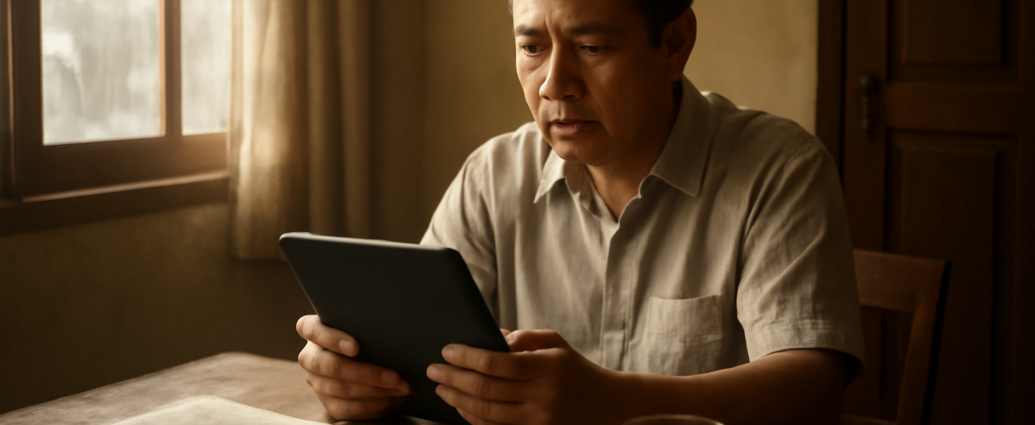 Seseorang membaca berita dunia Arab di tablet sambil duduk di meja kayu dengan catatan dan secangkir teh.